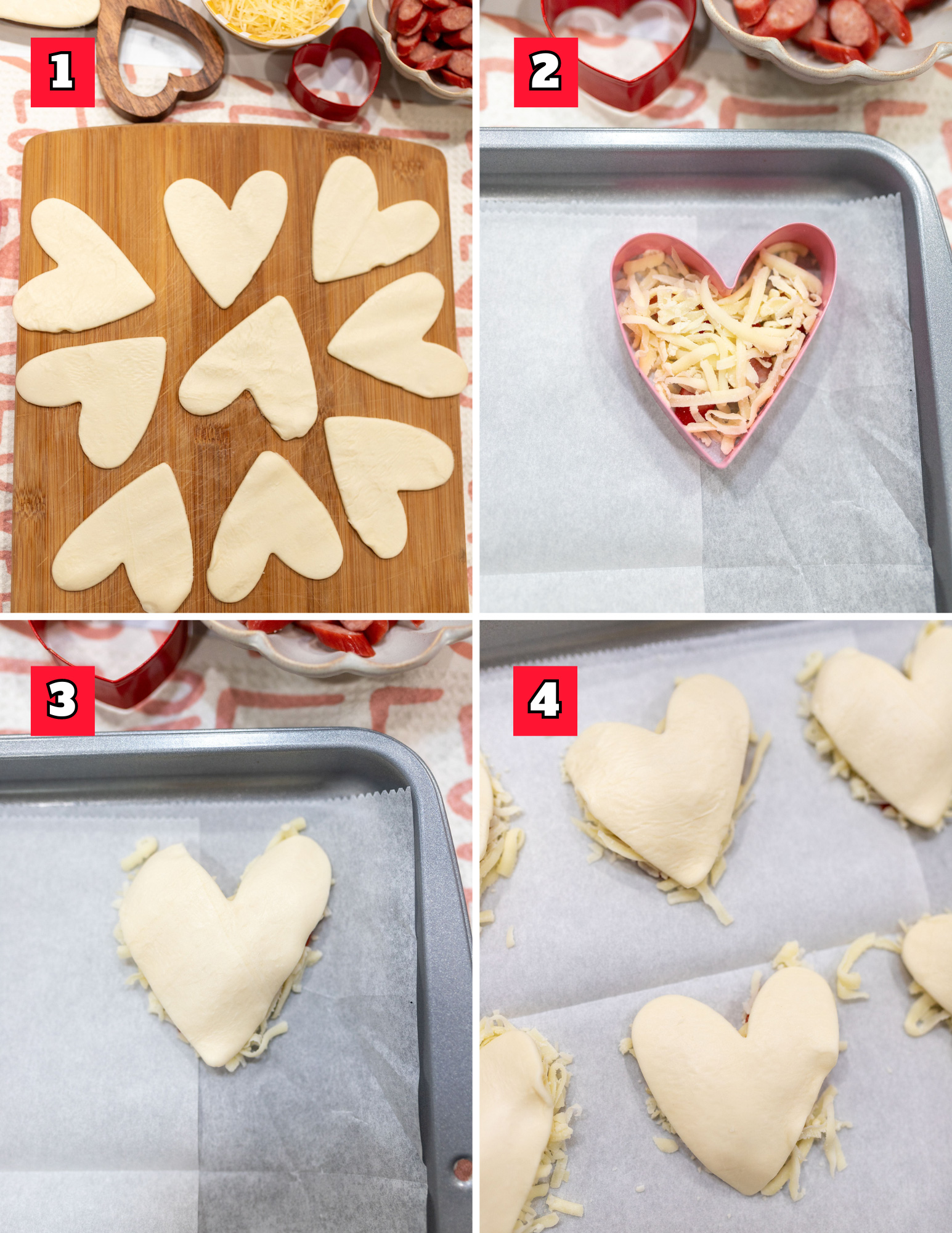 first four steps to make Valentine's Day individual pizzas